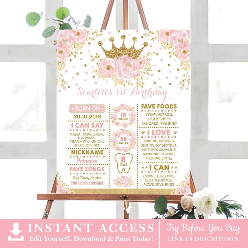 Op de afbeelding: Een roze en gouden printbare eerste verjaardag mijlpaal poster met een kroon, bloemen en een lijst van dingen die het kind kan doen en zeggen. De poster bevat de naam van het kind, Scarlett, en de geboortedatum, 30.10.2018. De poster bevat ook het gewicht van het kind, 18 pond, de lengte, 30 inch, en het aantal tanden, 8.