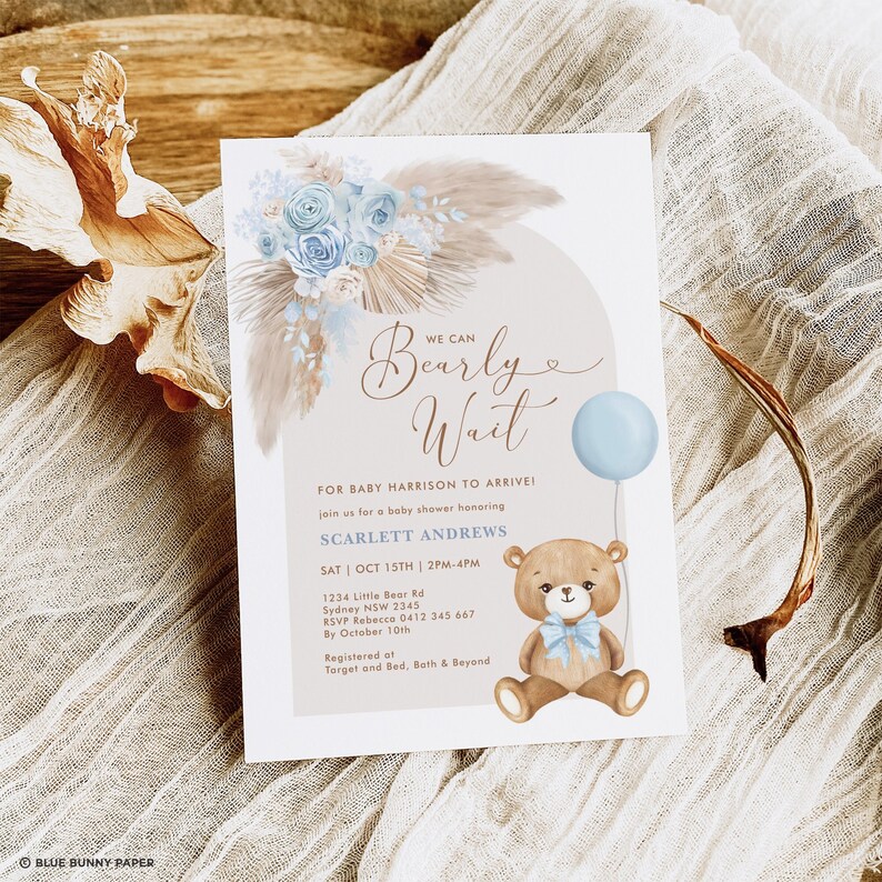 Teddy Bear Baby Shower Invitation, We Can Bearly Wait Baby Boy Editable Template, BR11 image 1