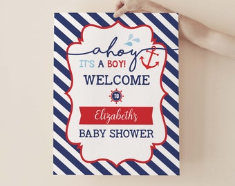 Nautical Baby Shower Welcome Sign, Navy Red Baby Shower Decoration, Anchors Away, Ahoy It's a Boy Printable EDITABLE TEMPLATE, NAU1