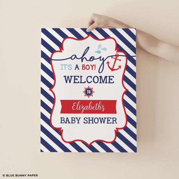 Nautical Baby Shower Welcome Sign, Navy Red Baby Shower Decoration, Anchors Away, Ahoy It's a Boy Printable EDITABLE TEMPLATE, NAU1