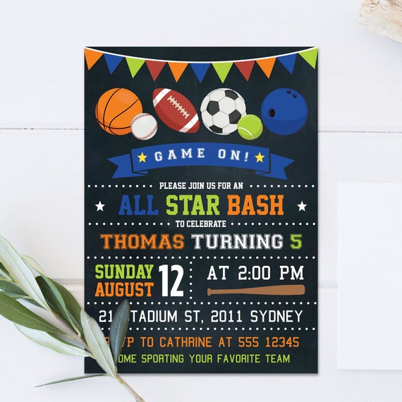 Boy Sport Birthday Invitation Basketball Football Rugby Etsy