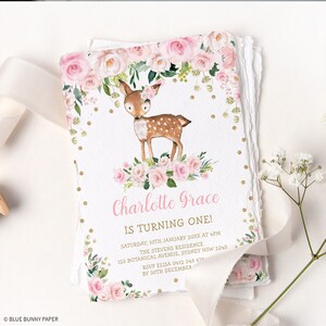 Invitation d’anniversaire de cerf floral rose, invitation à une fête de faon de fille, fleur de fard à joues ONEdeerful Forest MODÈLE ÉDITABLE Téléchargement imprimable, WOOD3
