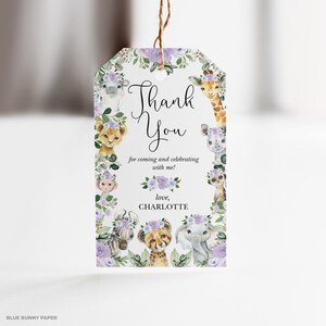 Girl Wild One Favor Tag Editable Template, Jungle Safari Animals Birthday Favors, Baby Shower Thank You Tag, Purple Floral Download, JUN18