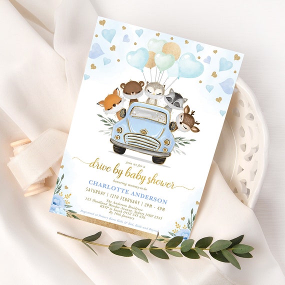 Editable Woodland Drive by Baby Shower Invitation Blue Gold Etsy