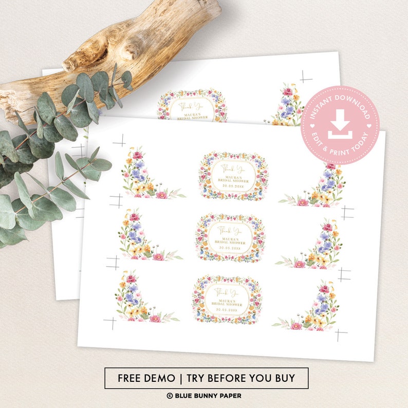 May include: Printable thank you favour tags with a floral design. The tags feature a gold frame with the text "Thank You" and "[Name] Bridal Shower" in a gold script font. The tags are perfect for adding a personal touch to your bridal shower favours.