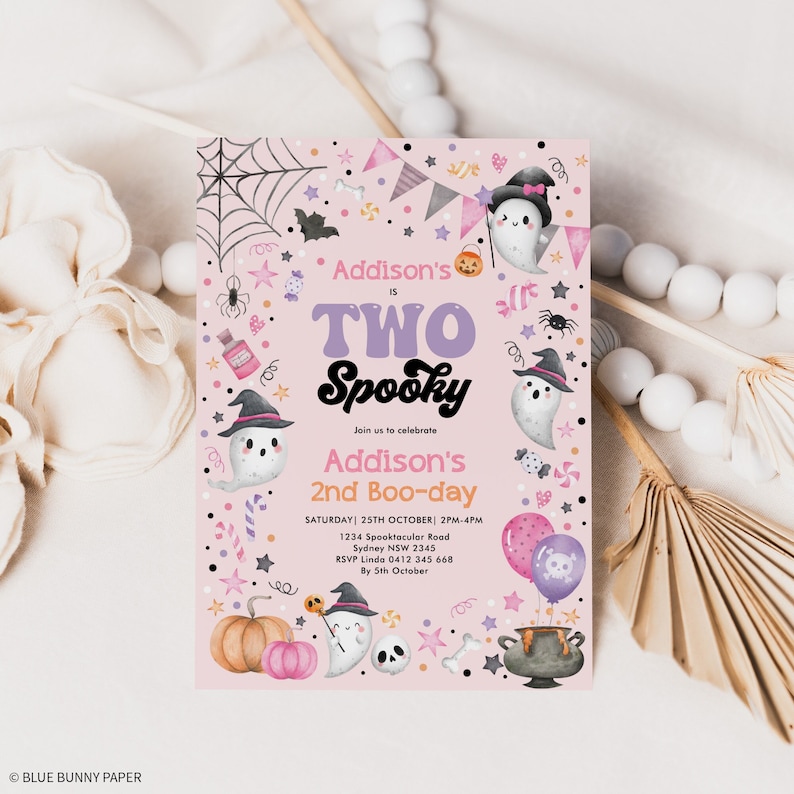 May include: Pink and purple Halloween party invitation with a ghost, a pumpkin, and a cauldron. The text reads "Addison's Two Spooky" and "Join us to celebrate Addison's 2nd Boo-day".