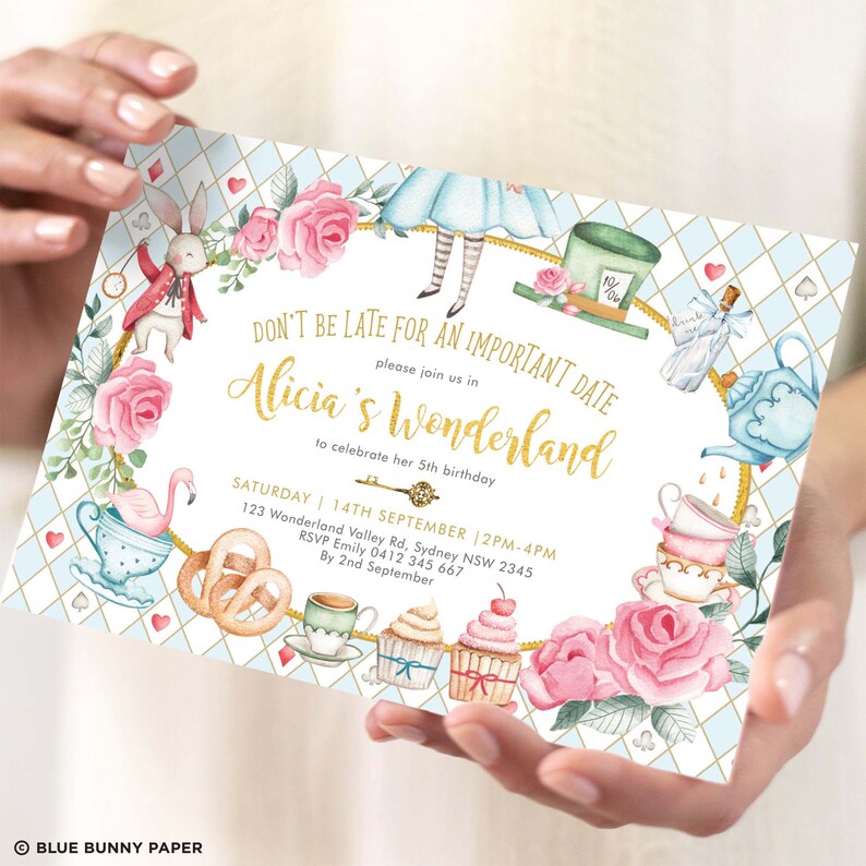 May include: Alice in Wonderland themed birthday party invitation with a white background and colorful illustrations of Alice, the Mad Hatter, the White Rabbit, and other characters from the book. The invitation includes the text "Don't be late for an important date" and "Alicia's Wonderland" in gold lettering. The invitation also includes the date, time, and location of the party.
