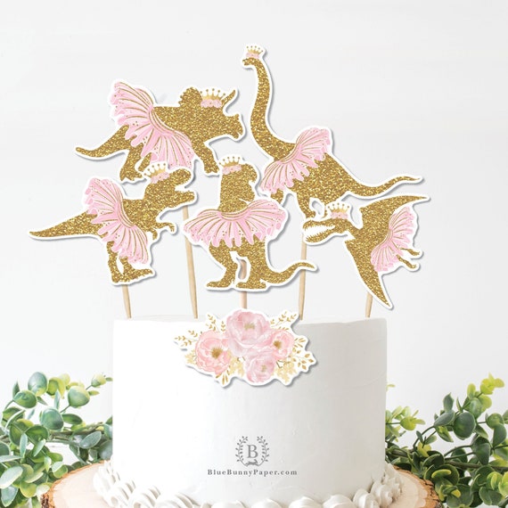 Princess Dinosaur Cake Toppers Ballerina T-Rex Tutu Tiara Birthday Table Decor Centerpiece Pink Gold Floral Baby Shower Favors Download DIN4 Il_570xn