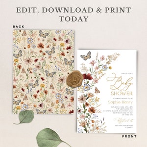 May include: A baby shower invitation with a floral design featuring butterflies, leaves, and flowers in shades of pink, red, blue, and yellow. The text "Join us for a Baby Shower" is written in gold script. The invitation is for Sophia Henry and includes the date, time, and location of the event.