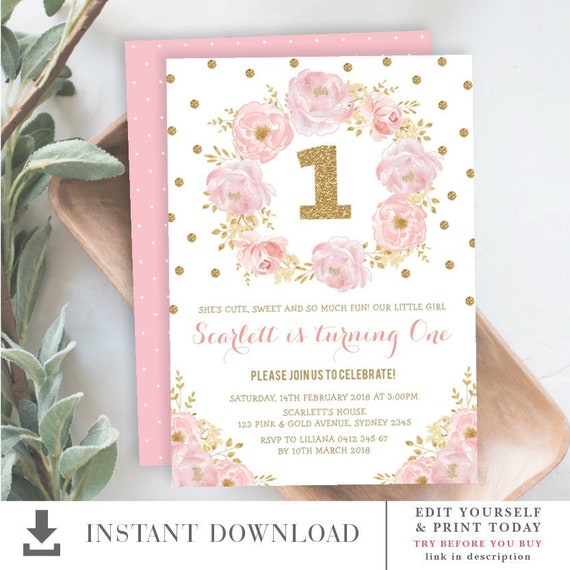 Blush Pink And Gold Floral 1st Birthday Invitation. Soft Pastel.