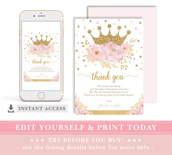 Princess Thank You Card  Printable Thank You Card  Flowers & Crown  Instant Download