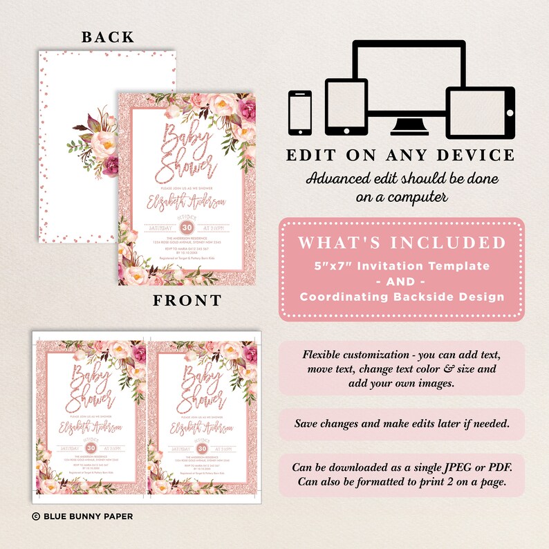 May include: Printable baby shower invitation template with a pink and gold glitter background, floral design, and the text "Baby Shower". The template is 5 inches by 7 inches and includes a coordinating backside design.