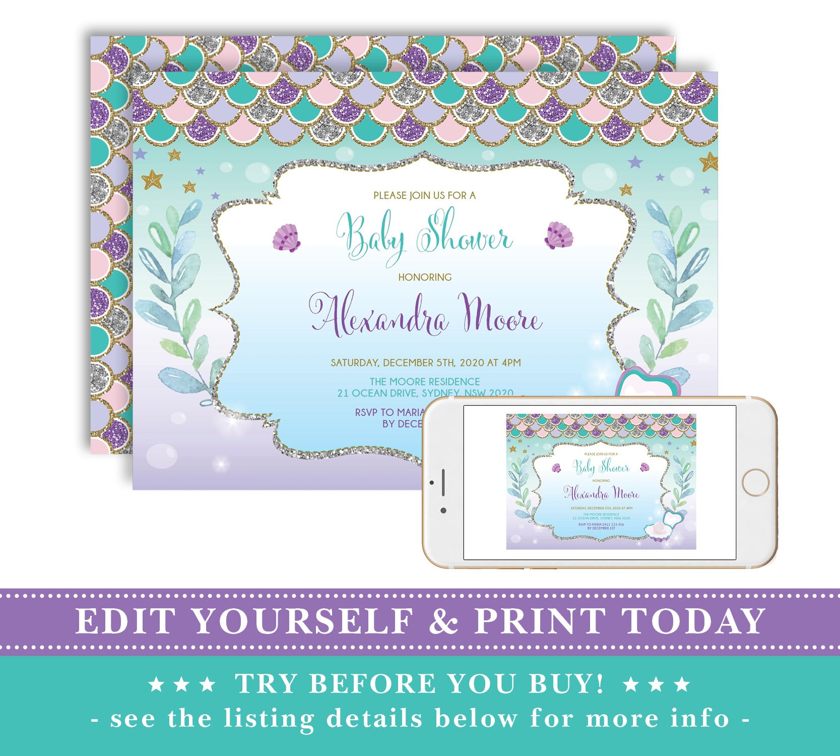 Mermaid Baby Shower Editable Invitation Template Baby Girl | Etsy