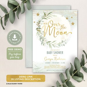 Over the Moon Baby Shower Invitation Twinkle Twinkle Little Star Printable Invite Dreamy Greenery Gold EDITABLE TEMPLATE Download. MOON9 image 4