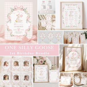 Pode incluir: Uma coleção de artigos para festas de aniversário com o tema "One Silly Goose" em rosa e branco. Inclui convites, cartazes de boas-vindas, toppers de cupcake e cartões de fotos. Os designs apresentam um ganso segurando um balão.