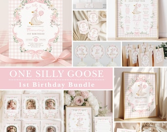 One Silly Goose Birthday Bundle: Pink Gingham Coquette Bow Editable Templates, Digital Download, SG1