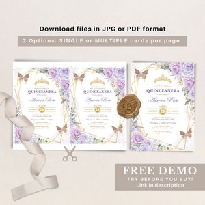 May include: Purple and gold Quincea&ntilde;era invitation with a floral design and butterflies. The invitation says "Quincea&ntilde;era Aurora Rose" and includes the date and time of the event.