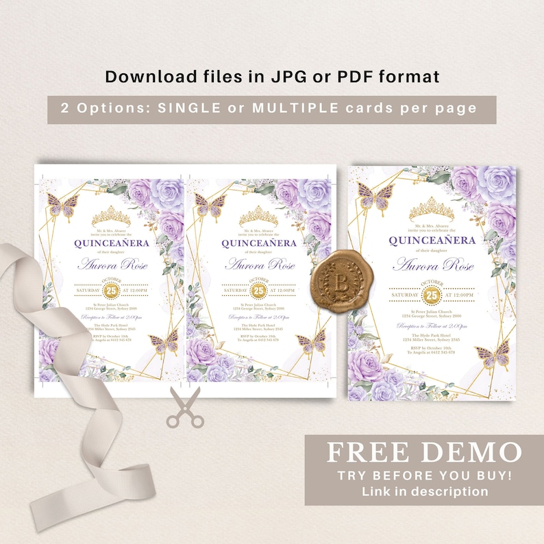 May include: Purple and gold Quincea&ntilde;era invitation with a floral design and butterflies. The invitation says "Quincea&ntilde;era Aurora Rose" and includes the date and time of the event.