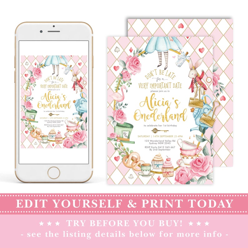 Peut inclure: Invitation sur le th&egrave;me d'Alice au pays des merveilles sur un smartphone et une carte imprim&eacute;e. Le design pr&eacute;sente un motif de diamants roses et blancs, des accents floraux et le texte "Alicia's Onederland". L'invitation comprend les d&eacute;tails de l'&eacute;v&eacute;nement et la phrase "Don't be late".