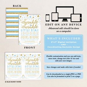 May include: A digital invitation for a second birthday party. The invitation features a blue and gold color scheme with a design of stars and the text "Twinkle Twinkle Little Star". The invitation is 5 inches by 7 inches and includes a coordinating backside design.