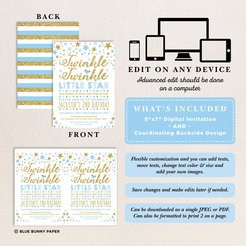 May include: A digital invitation for a second birthday party. The invitation features a blue and gold color scheme with a design of stars and the text "Twinkle Twinkle Little Star". The invitation is 5 inches by 7 inches and includes a coordinating backside design.