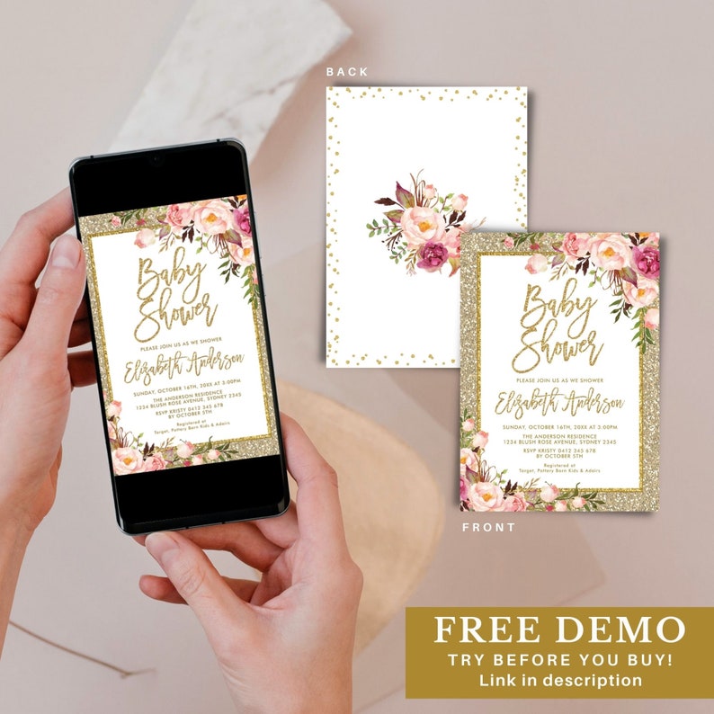 May include: A printable baby shower invitation with a gold glitter background and pink and white floral design. The text reads "Baby Shower" and "Elizabeth Anderson".