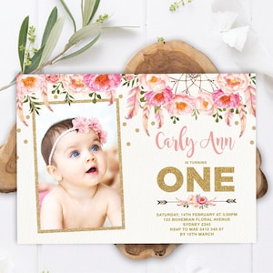 Pink Boho Floral 1st Birthday Invitation, Pink and Gold Boho Dreamcatcher Party Invite, Bohemian Flowers, Girly Feathers, Editable, FLO12A