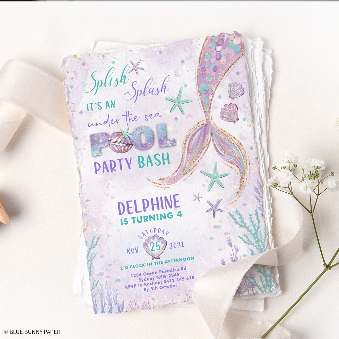 Mermaid Birthday Pool Party Invitation Editable Printable Children's ...