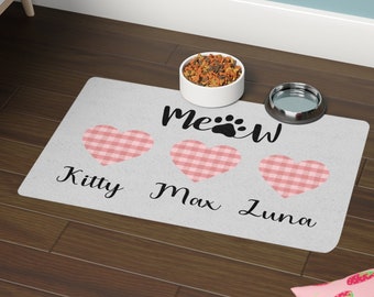 Cat Food Mat Personalized Pet mat Cute Meow Hearts and Custom Name Placemats Cat Placemat Cat Mom Gift Cat Lover Gifts