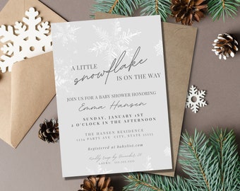 Winter baby shower invitation | A little snowflake is on the way | Modern Winter Wonderland Invite Gender Neutral | Editable Template | E06