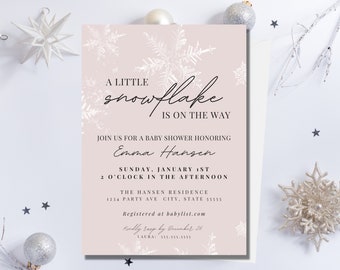 Winter baby shower invitation | A little snowflake is on the way | Modern Pink Winter Wonderland Invite Baby Girl  | Editable Template | E07