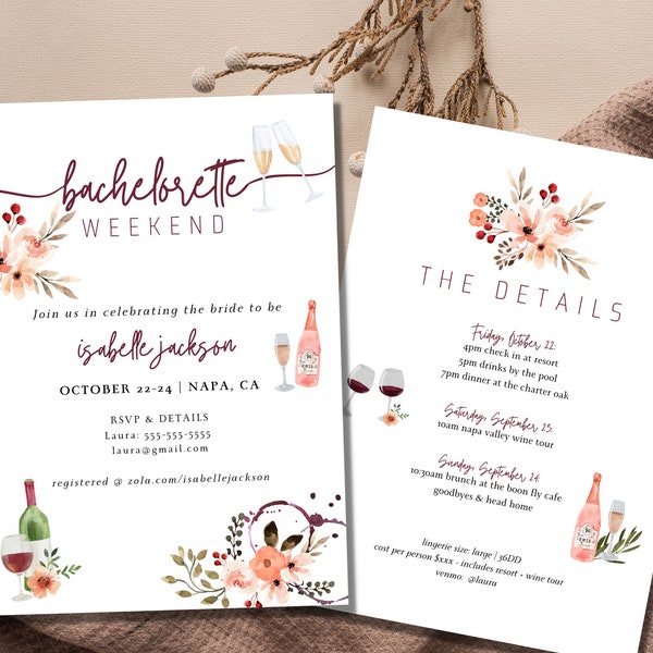 Wijnmakerij Vrijgezellenfeest Weekend Uitnodiging | Wijnvrijgezellenroute | Boho bloemen herfst herfst Bachelorette uitnodigen | BEWERKBAAR