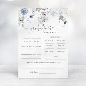 Prédictions et conseils pour bébé garçon - carte imprimable 5 x 7 - cartes de prédiction pour baby shower sur le thème chat bleu - conseils pour baby shower chaton mignon