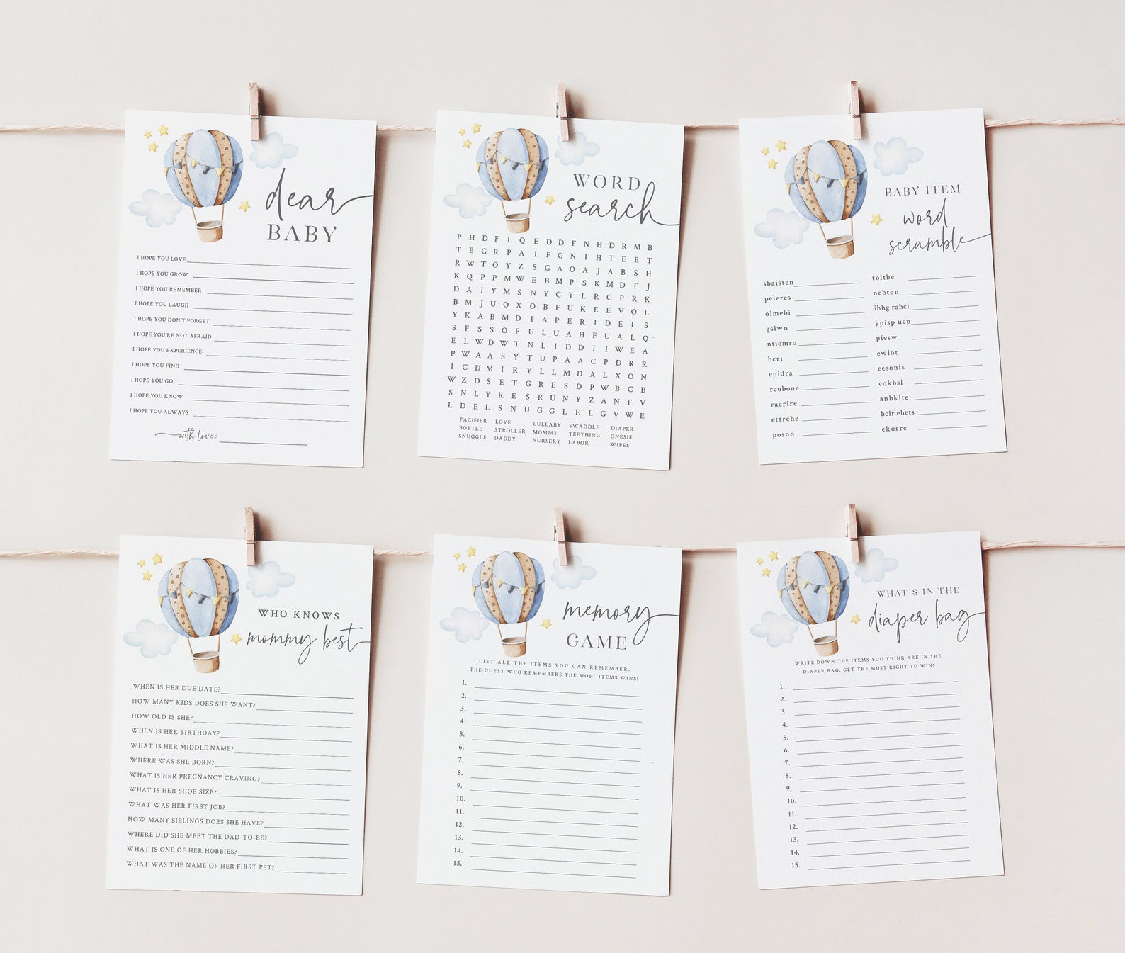 Blue Hot Air Balloon Baby Shower Game Bundle - 25 Printable Games ...