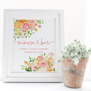 Letrero de mimosa para barra de despedida de soltera con frutas cítricas - Letrero imprimible de 8 x 10 - Despedida de soltera de verano - Letrero de mimosas - Despedida de soltera rosa y naranja