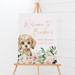 Puppy Themed Girls Baby Shower Welcome Sign - Printable Baby Shower Welcome Poster - Dog Themed Baby Shower - Pink Floral Welcome Sign