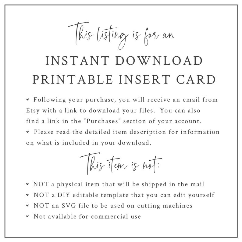 Puede incluir: Imagen de texto que explica que esta lista es para una tarjeta de inserci&oacute;n imprimible de descarga instant&aacute;nea. No es un art&iacute;culo f&iacute;sico, una plantilla editable de bricolaje, un archivo SVG o disponible para uso comercial.