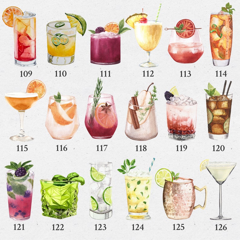 Puede incluir: Una colecci&oacute;n de 26 ilustraciones de acuarela de diferentes tipos de c&oacute;cteles, incluyendo una margarita, un mojito, un mimosa, un daiquiri, un cosmopolitan, un martini, un whiskey sour, un gin tonic, un ron y coca cola, un screwdriver, una bloody mary, una pi&ntilde;a colada, un mai tai, una margarita, un mojito, un mimosa, un daiquiri, un cosmopolitan, un martini, un whiskey sour, un gin tonic, un ron y coca cola, un screwdriver, una bloody mary, una pi&ntilde;a colada y un mai tai.