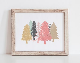Forest Print - Modern Christmas Print - Tree Print - Abstract Christmas Print - Woodland Nursery Art - Mountain Nursery - 8x10 - Printable