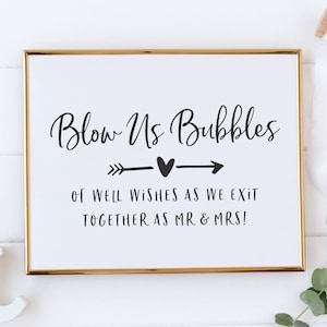 Blow Bubbles of Well Wishes Zeichen - Hochzeitsblasen Zeichen - Ideen für die Hochzeitszeremonie beenden - Hochzeitsblase Verschicken druckbar - schwarz und weiß