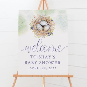 Letrero de bienvenida para baby shower con forma de nido de pájaro - Póster de bienvenida imprimible - Baby Shower con tema de pajarito - Baby Shower con tema de pajarito
