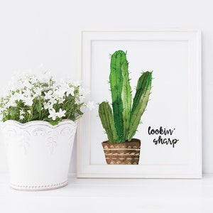 May include: A watercolour painting of a cactus in a brown pot with the text "lookin' sharp" below it.