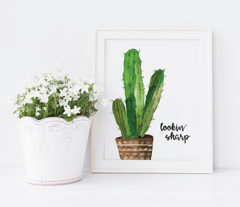 May include: A watercolour painting of a cactus in a brown pot with the text "lookin' sharp" below it.