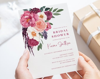 Fall Jewel Toned Bridal Shower Invite - Printable 5x7 Invitation - Boho Autumn Harvest Bridal Shower - Berry Toned Bridal Shower Invitation