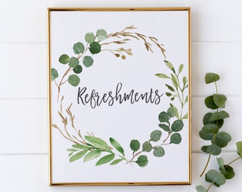 Bordje verfrissingen - eucalyptus decoratie babyshower - genderneutrale decoraties voor babyshower - bord afdrukbare drankjes - bord drankstation
