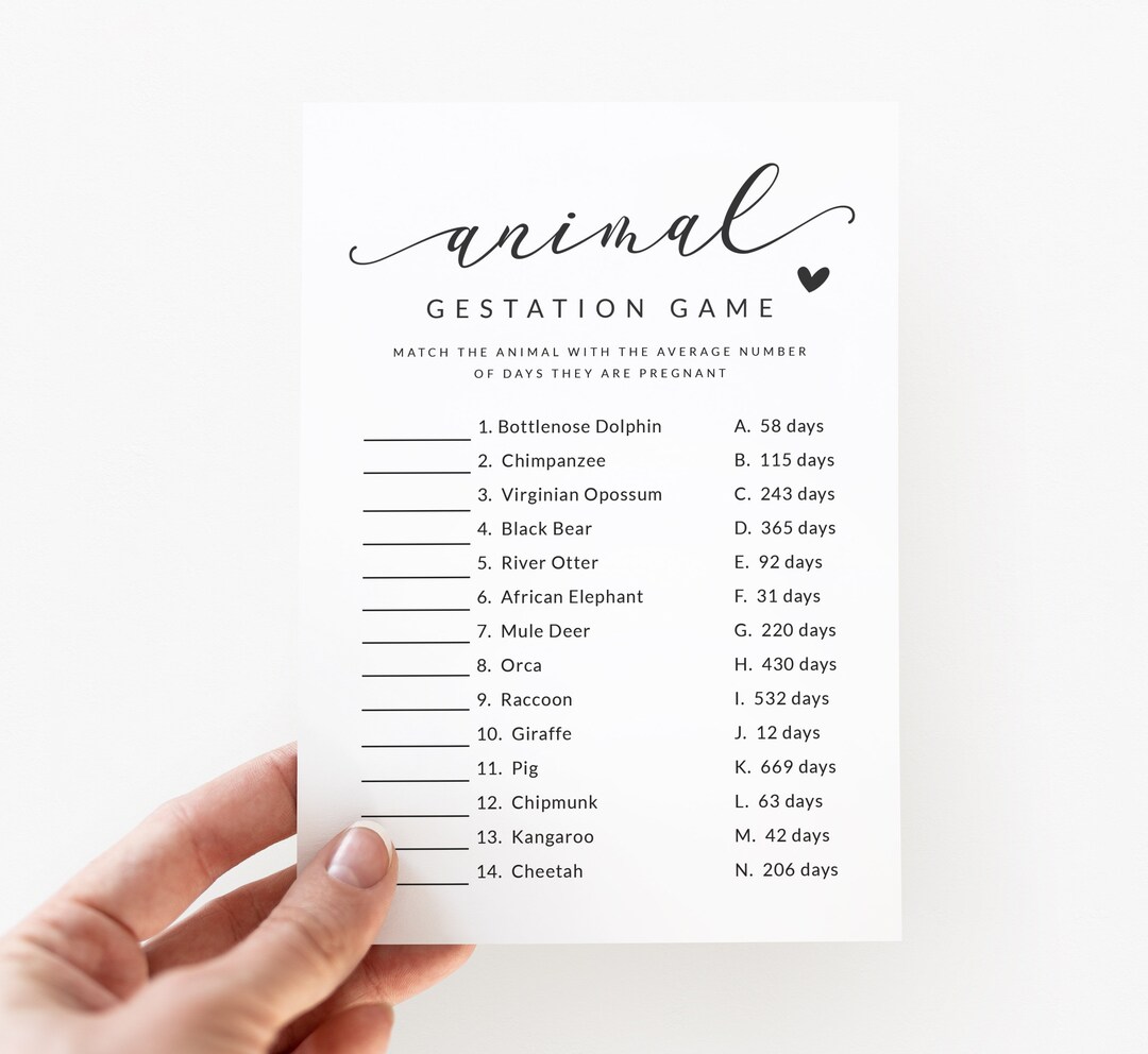 Animal Gestation Game Printable - Animal Pregnancy Game - Baby Shower ...