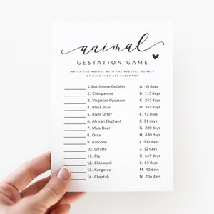 Animal Gestation Game Printable - Animal Pregnancy Game - Baby Shower Quiz Game - Baby Shower Trivia Game - Black and White Gender Neutral