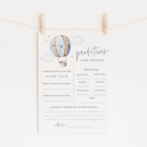 Voorspellingen en advieskaarten babyshower - babyshower met reisthema - 5 x 7 afdrukbare babyvoorspellingskaart - blauwe heteluchtballon babyshower