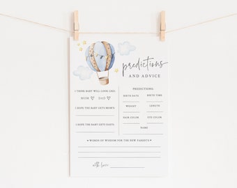 Baby Shower Predictions and Advice Cards - Travel Themed Baby Shower - 5x7 Printable Baby Prediction Card - Blue Hot Air Balloon Baby Shower