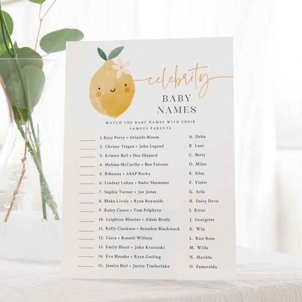 Lemon Baby Shower Celebrity Baby Names Quiz - Printable 5x7 Game - Mommy's Main Squeeze - Celebrity Babies Game - Citrus Themed Baby Shower